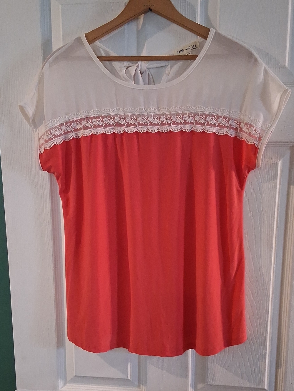 Faith and Joy Coral and White Lace-Trim Blouse